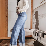 Women's wide-leg jeans: spring/summer collection - high-waisted, slimming, vintage-style, cuffed hem, center seam design, straight-leg denim pants for women