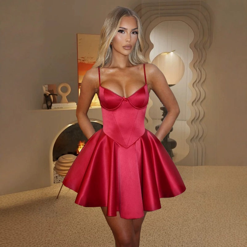 Women's summer dress: european and american style solid color silk sexy elegance pure desire bustier corset waist halter dress