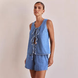 Women's pants: cross-border european and american style summer fashion casual sleeveless tie-waist high-waisted women's vest denim set shorts