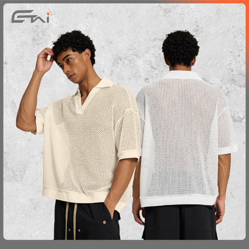 Etai men's relaxed fit turn-down collar short sleeve textured knit polo shirt - trendy brand, high-quality summer boxy tee