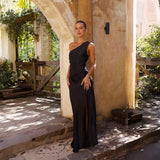 Women's dress - cross-border amazon spring/summer european and american style - elegant, slim-fit, one-shoulder, socialite-inspired, slit, sexy satin dress for women