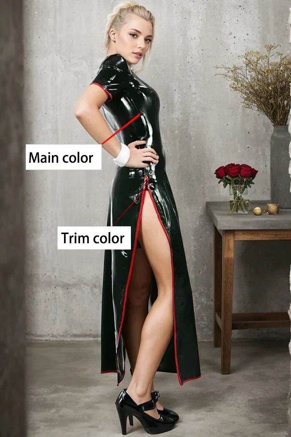Women Latex Dress Modern Cheongsam Dual Side Slits