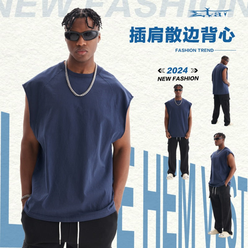 Personalized american fashionable brand heavy weight pure cotton loose edge vest pure colorlooseretro sleeveless t-shirt vest