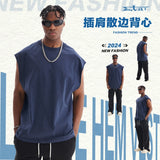 Personalized american fashionable brand heavy weight pure cotton loose edge vest pure colorlooseretro sleeveless t-shirt vest