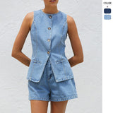 Women's pants: spring/summer amazon independent store fashion sleeveless cinched waist high-waisted loose denim shorts set (us/eu style)