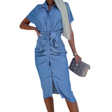 Women's dress - cross-border amazon spring/summer european and american casual solid color turn-down collar batwing sleeve cinched waist pleated shirt dress