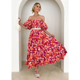 Women's summer dress: european and american style, puff sleeve, slimming maxi dress, hot girl high-waisted off-the-shoulder printed dress