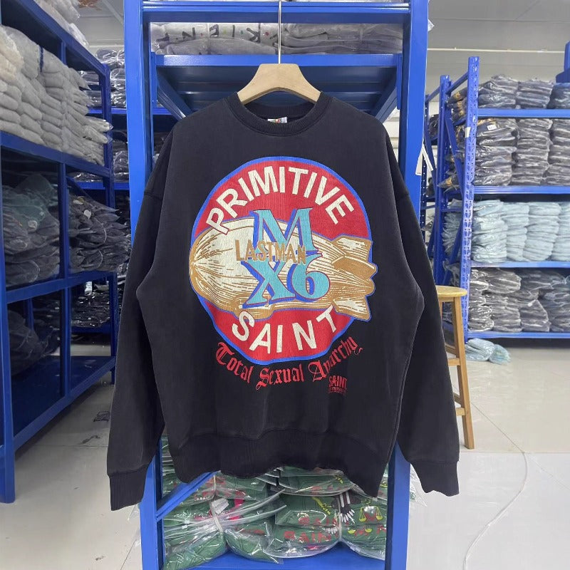 Saint m hoodie - spring/autumn s.m. crewneck sweatshirt with round graphic, letter print, ribbed trim, and distressed finish