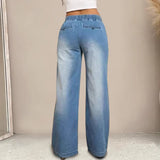 Women's denim pants - cross-border autumn fashion: european & american style, drawstring elastic waist, straight leg, wide leg jeans