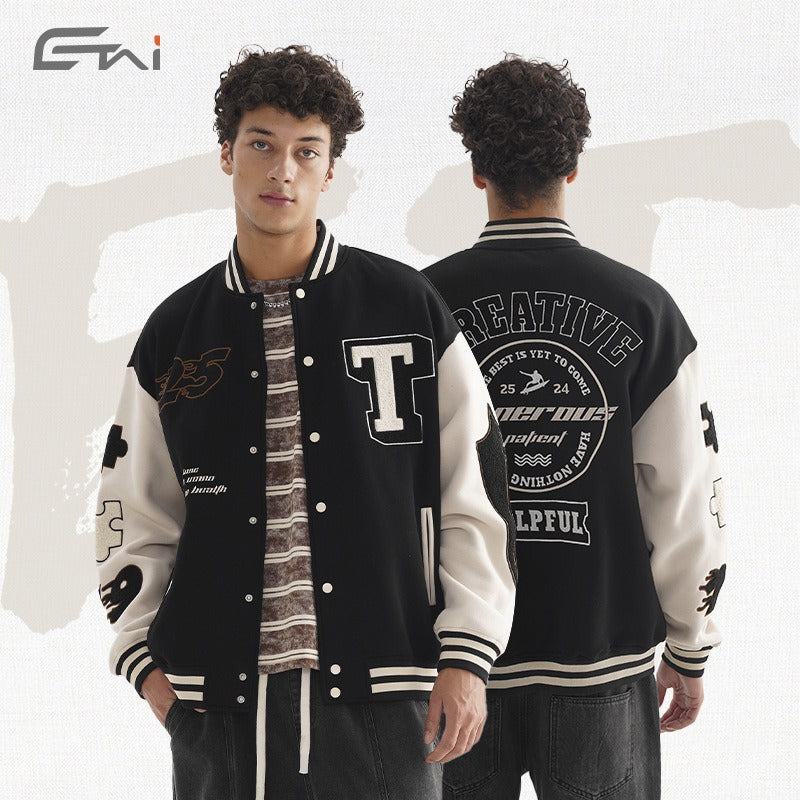 Etai men's american streetwear baseball jacket - premium color block fleece embroidered outerwear