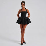 Women's dress: european and american summer hot girl style sexy cinched waist slimming puffy skirt halter neck tie-up bow dress
