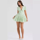 Women's french sweet floral print bubble sleeve dress - summer ballet dopamine outfit - cinched waist spicy girl a-line skirt