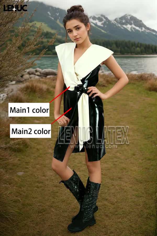 Women Black Latex Midi Dress Draped Shawl