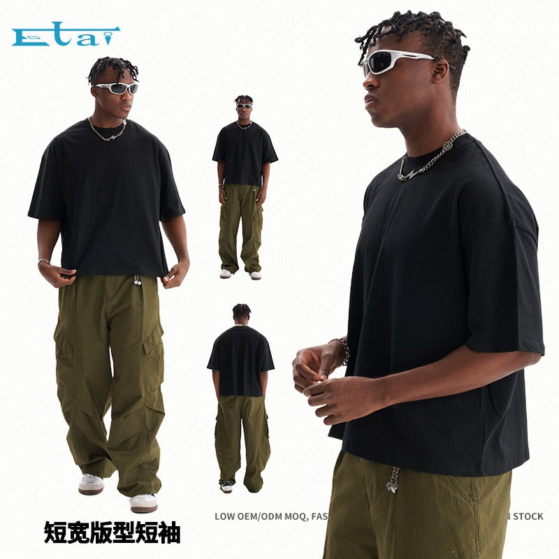 Youth short wide popular style heavy weightpure cotton short-sleeved high quality loose street style men short-sleeved t-shirt