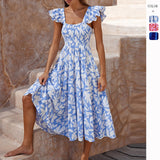 Women's floral print bohemian dress - summer short sleeve square neck maxi dress for cross-border fashion