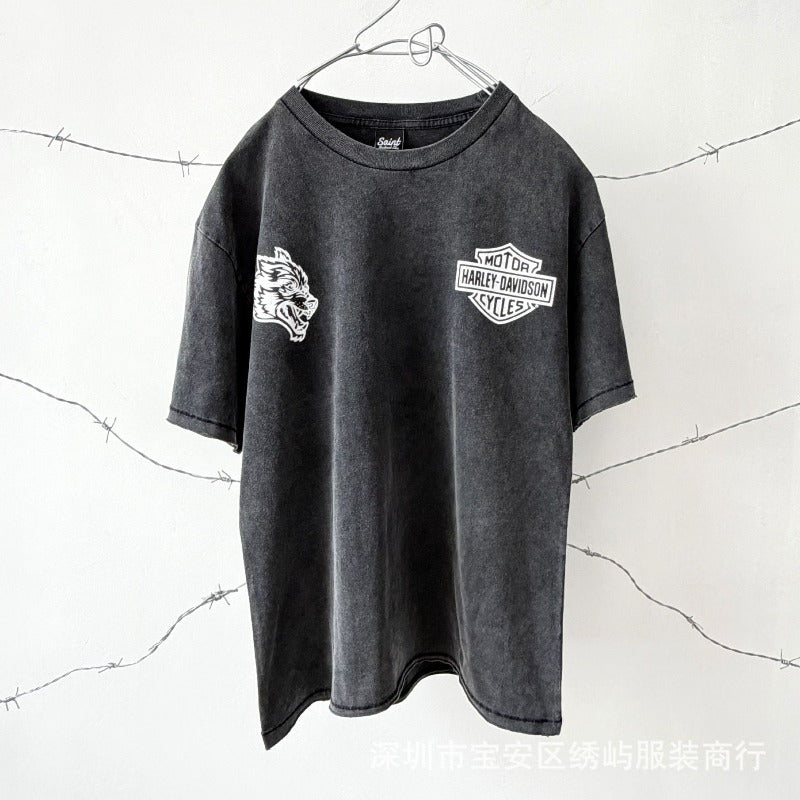 saint m t shirts  s.m harley wolf head graphic crew neck pullover short sleeve t-shirt - wholesale