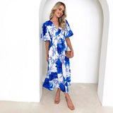 Women's dress - amazon cross-border fashion - european & american style - summer floral print - bubble sleeve a-line maxi dress - elegant dress