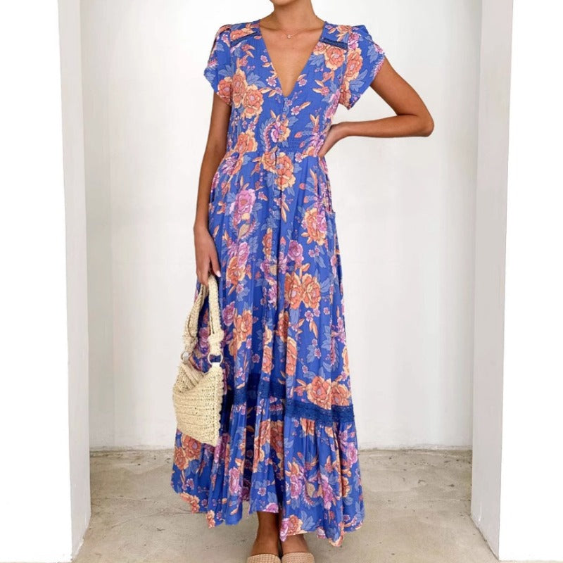 Women's dress - export quality summer maxi dress - high-end, slim-fit, v-neck, single-breasted, ruffle hem dress for women