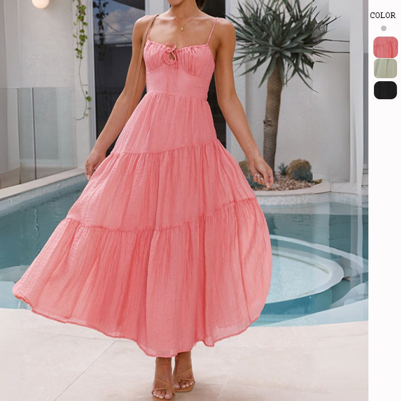 Women's dress - cross-border european & american style, patchwork camisole maxi dress with open back, tie detail, and full skirt. fully lined