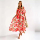 Women's dress - hot selling european & american style dress for amazon - summer elegant square neck printed puff sleeve maxi dress