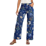 Women's vintage denim pants - cross-border, random print, loose wide-leg, spring/summer floral pattern, straight-leg, high-waisted jeans