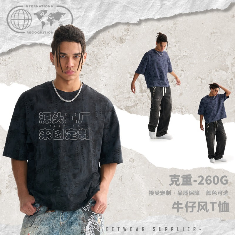 Etai men's clothing trendy distressed denim style boxy short sleeve men's t-shirt heavyweight pure cotton denim texture men's short sleeve