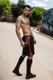 Man Latex Shorts Loose-Fitting Sports Style with Red Triple Stripes
