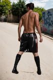 Man Latex Shorts Loose-Fitting Sports Style with Red Triple Stripes