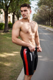 Men Latex Shorts Red Side Stripes Hidden Zipper