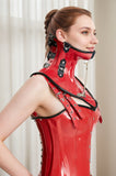 Women Latex Corset Avant-Garde Red & Black Latex High-Neck Choker Bodysuit Bondage Inspired Latex