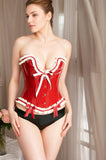 Women Latex Corsets Wave Pleats Edging Bow Red White