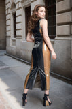 Women Latex Dresses Midi Geometric  Sleek Black And Gold With Translucent Grey Color Blocks