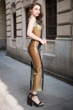 Women Latex Dresses Midi Geometric  Sleek Black And Gold With Translucent Grey Color Blocks