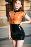 Women Latex Dresses Secretary Ultra-Micro Playful Chic Two-Tone Latex Dress With Button-Up Detail