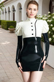 Women Latex Dress Micro Cocktail Chic Black And White High Neck Puffed Sleeve Party Dress Retro Gothic