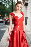 Women Latex Dress Panel-Pleated Gown Elegant Red With Square Neck Luxurious Vintage
