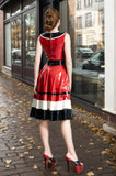 Women Latex Dress Horizontally Yours Skirt Retro Color-Block Red Flared Horizontal Stripe