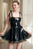 Women Latex Dresses Flared Mini Black Strappy Sheer Ruffle Glossy Lolita-Inspired