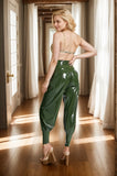 Women Latex Pants High-Waisted Harem Green Loose-Fit