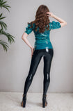Women Latex Tops Frills Galore Puffy-Sleeved?Shirt Blue Sexy Translucent Top Victorian
