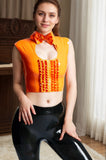 Women Latex Tops Bow-Neck Sleeveless Frilled Hot Girl Orange bar