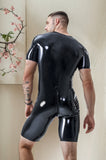 Men Latex Bodysuitss Black Red Vertical Stripes Sports