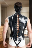 Men Latex Neck Corset Black & White High-Neck Open-Chest Harness Top with Face Cover