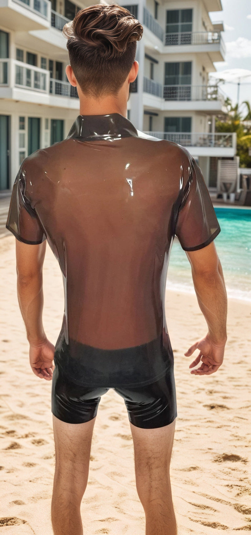 Men Latex Top Translucent Brown Polo Shirt