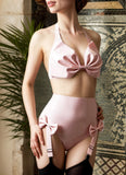 Women Latex Lingerie Sets Halter Adjustable Bow Fetishwear
