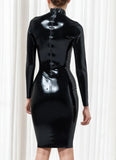 Women Latex Dresses Long Sleeves Black Latex High Neck Dress