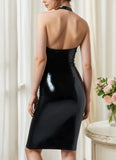 Women Latex Dresses Deep Plunging V-Neck Sultry Black Latex Halter Dress