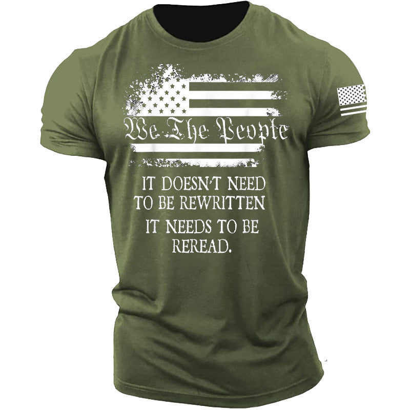 Man T Shirt Cotton Short Sleeve Heat Transfer Patch Printed American Flag Pattern round Neck T-shirt