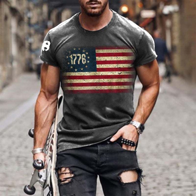 Man T Shirt Cotton Loose Blue Pullover Short Sleeve Print