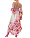 Valentine's Day Outfits Floral Flared Sleeve Tight Waist Dress